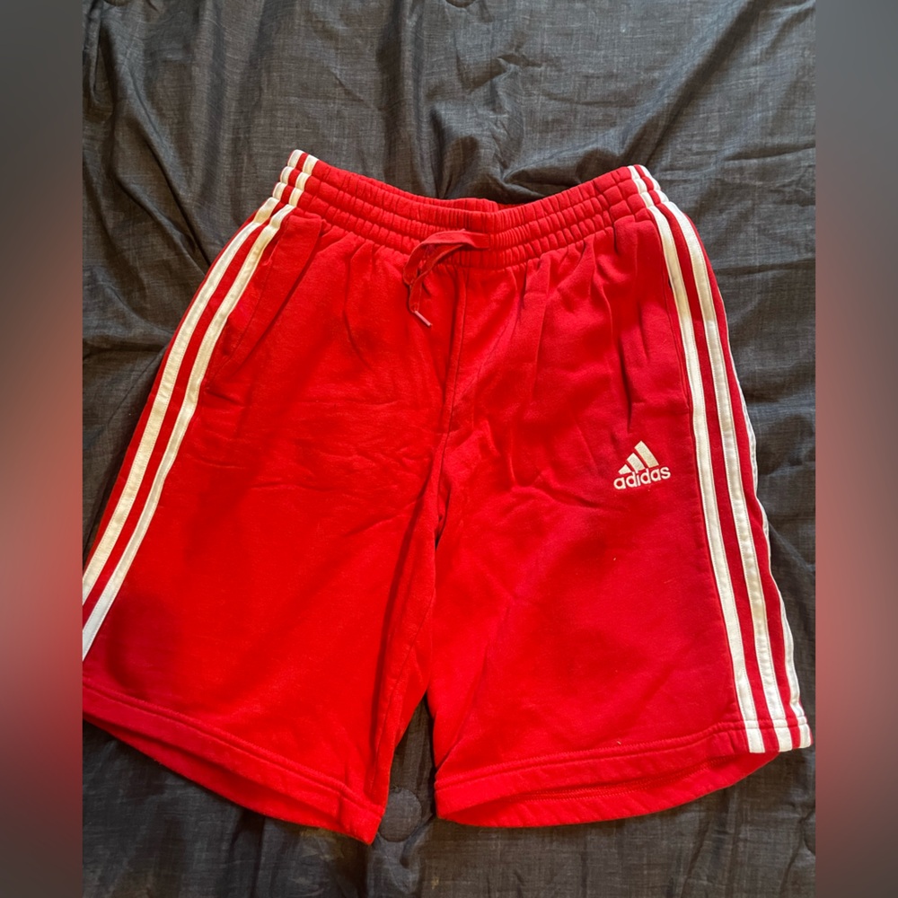 2 pairs red & blue adidas fleece shorts